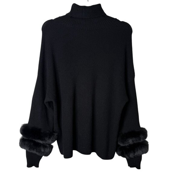 Saks Fifth Avenue Black Faux Fur Cuff Turtleneck Sweater Size XL Glam Mobwife - Picture 2 of 9